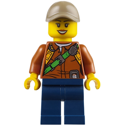 LEGO Minifigure City Jungle Explorer Female - Dark Orange Shirt with Green Strap, Dark Blue Legs, Dark Tan Cap with Hole, Black Eyebrows CTY0804