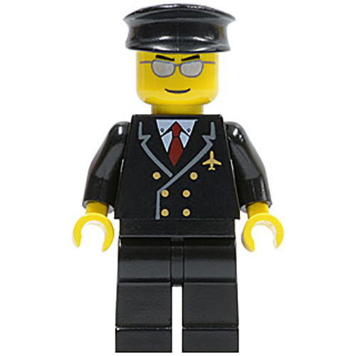 LEGO Minifigure Airport - Pilot with Red Tie and 6 Buttons, Black Legs, Black Hat, Silver Glasses AIR032