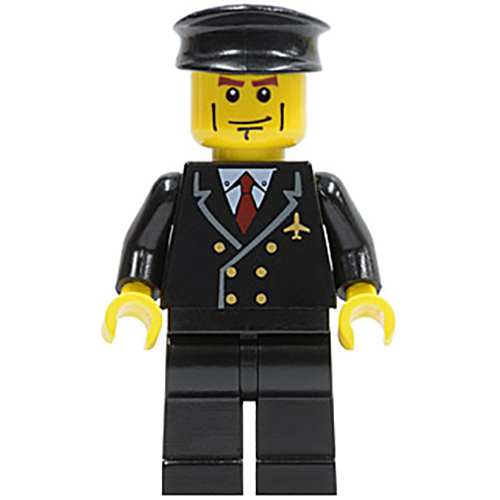 LEGO Minifigure Airport - Pilot with Red Tie and 6 Buttons, Black Legs, Black Hat, Vertical Cheek Lines AIR043