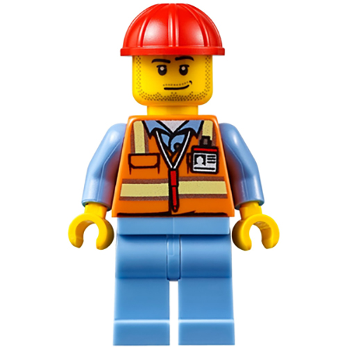 LEGO Minifigure Orange Safety Vest with Reflective Stripes, Medium Blue Legs, Red Construction Helmet, Smirk and Stubble Beard AIR050