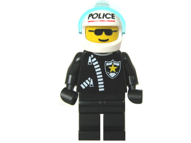 LEGO Minifigur Police - Zipper with Sheriff Star, White Helmet with Police Pattern, Trans-Light Blue Visor COP010