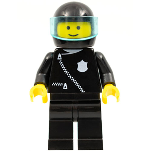 LEGO Minifigure Police - Zipper with Badge, Black Legs, Black Helmet, Trans-Light Blue Visor COP027