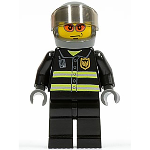 LEGO Minifigur Fire - Reflective Stripes, Black Legs, Dark Bluish Gray Helmet, Trans-Brown Visor CTY0003