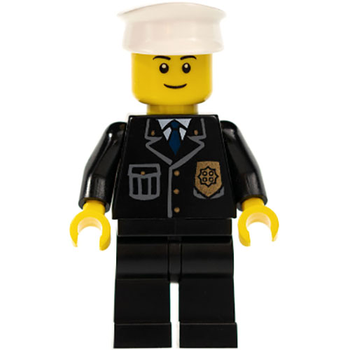 LEGO Minifigura Police - City Suit with Blue Tie and Badge, Black Legs, White Hat, Black Eyebrows, Thin Grin CTY0005A