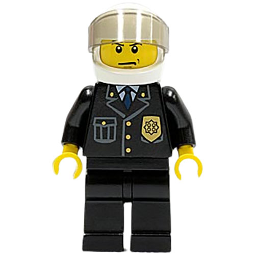 LEGO Minifigure Police - City Suit with Blue Tie and Badge, Black Legs, White Helmet, Trans-Brown Visor, Scowl CTY0013