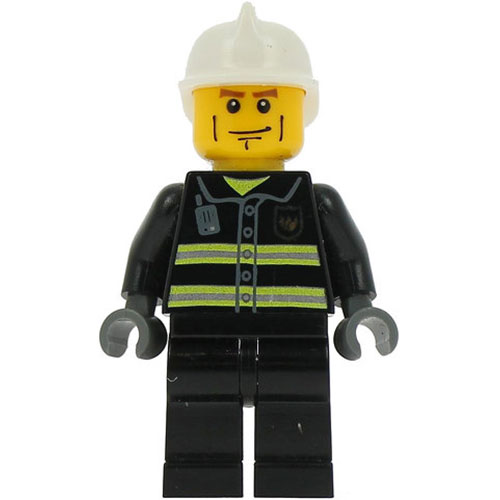 LEGO Minifigur Fire - Reflective Stripes, Black Legs, White Fire Helmet, Cheek Lines, Dark Bluish Gray Hands CTY0020