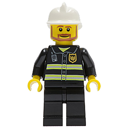 LEGO Minifigura Fire - Reflective Stripes, Black Legs, White Fire Helmet, Brown Beard Angular CTY0022