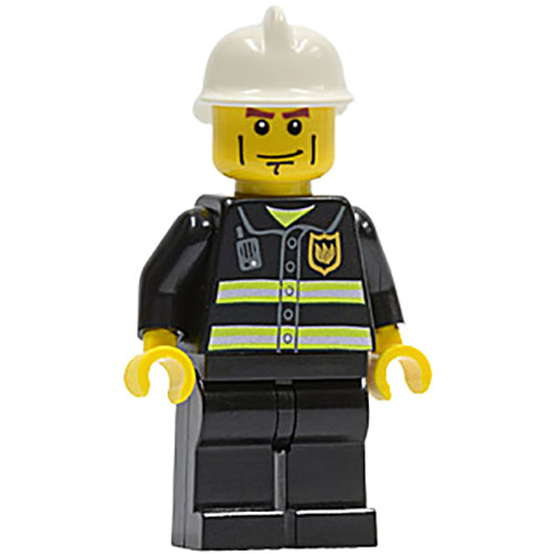 LEGO Minifigur Fire - Reflective Stripes, Black Legs, White Fire Helmet, Cheek Lines, Yellow Hands CTY0043