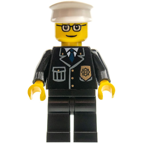 LEGO Minifigura Police - City Suit with Blue Tie and Badge, Black Legs, Glasses, White Hat CTY0091