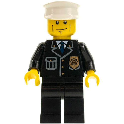 LEGO Minifigura Police - City Suit with Blue Tie and Badge, Black Legs, Vertical Cheek Lines, Brown Eyebrows, White Hat CTY0095