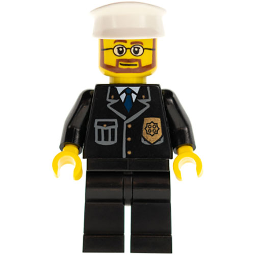 LEGO Minifigura Police - City Suit with Blue Tie and Badge, Black Legs, White Hat, Beard and Glasses CTY0097