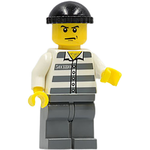 LEGO Minifigure Police - Jail Prisoner 50380 Prison Stripes, Dark Bluish Gray Legs, Black Knit Cap, Angry Eyebrows and Scowl CTY0100