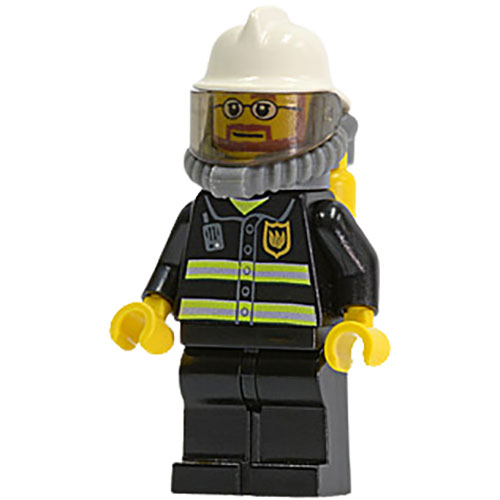 LEGO Minifigure Fire - Reflective Stripes, Black Legs, White Fire Helmet, Breathing Neck Gear with Air Tanks, Yellow Hands, Beard and Glasses CTY0165