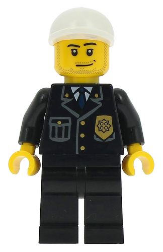 LEGO Minifigur Police - City Suit with Blue Tie and Badge, Black Legs, White Short Bill Cap, Smirk and Stubble Beard CTY0204