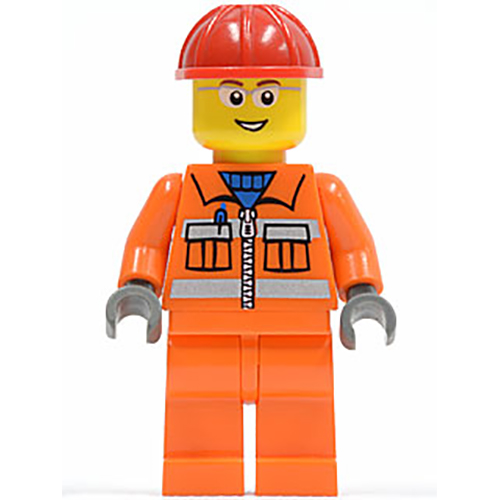 LEGO Minifigur Construction Worker - Orange Zipper, Safety Stripes, Orange Arms, Orange Legs, Red Construction Helmet, Glasses with Gray Side Frames (Crane Operator) CTY0246