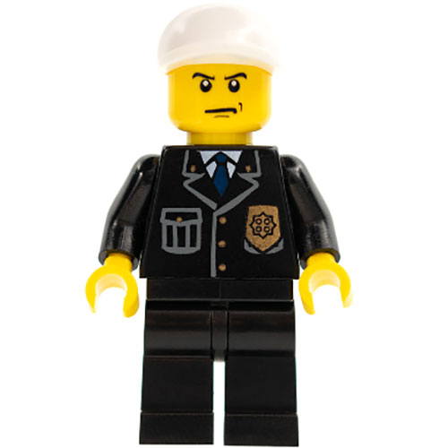 LEGO Minifigure Police - City Suit with Blue Tie and Badge, Black Legs, White Short Bill Cap, Scowl CTY0255