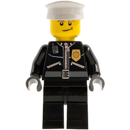 LEGO Minifigura Police - City Leather Jacket with Gold Badge and `POLICE` on Back, White Hat, Lopsided Smile CTY0256