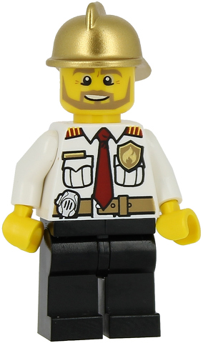 LEGO Minifigure Fire Chief - White Shirt with Tie and Belt, Black Legs, Gold Fire Helmet CTY0350