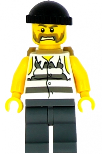 LEGO Minifigure Police - Jail Prisoner Shirt with Prison Stripes and Torn out Sleeves, Dark Bluish Gray Legs, Black Knit Cap, Backpack CTY0448