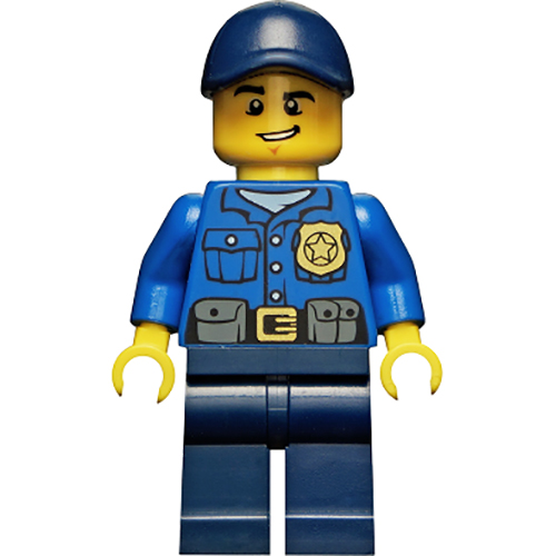 LEGO Minifigur Police - City Officer, Gold Badge, Dark Blue Cap with Hole, Lopsided Grin CTY0454