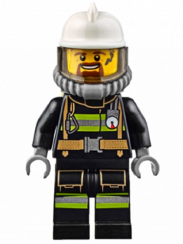 LEGO Minifigure Fire - Reflective Stripes with Utility Belt, White Fire Helmet, Breathing Neck Gear with Airtanks, Trans Black Visor, Goatee CTY0626