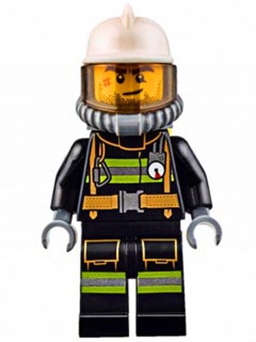 LEGO Minifigure Fire - Reflective Stripes with Utility Belt, White Fire Helmet, Breathing Neck Gear with Airtanks, Trans Black Visor, Beard Stubble CTY0628