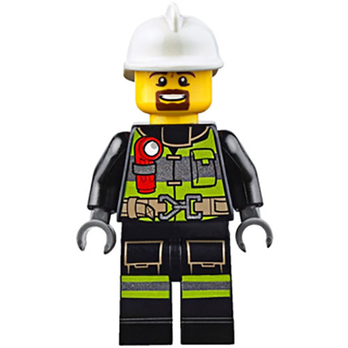 LEGO Minifigura Fire - Reflective Stripes with Utility Belt and Flashlight, White Fire Helmet, Brown Moustache and Goatee CTY0635