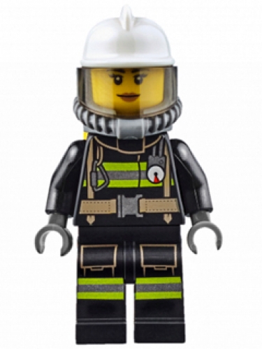 LEGO Minifigure Fire - Reflective Stripes with Utility Belt, White Fire Helmet, Breathing Neck Gear with Airtanks, Trans Black Visor, Peach Lips Smile CTY0638