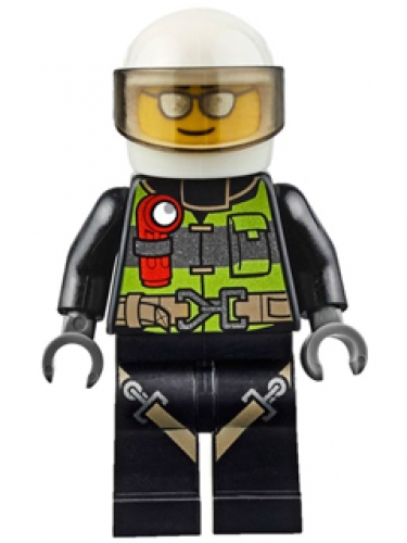 LEGO Minifigure Fire - Reflective Stripes with Utility Belt and Flashlight, White Helmet, Trans-Black Visor, Silver Sunglasses CTY0670