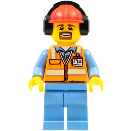 LEGO Minifigur Orange Safety Vest with Reflective Stripes, Medium Blue Legs, Red Construction Helmet with Black Ear Protectors / Headphones CTY0688