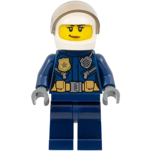 LEGO Minifigure Police - City Leather Jacket with Gold Badge and Utility Belt, White Helmet, Trans-Brown Visor, Peach Lips Smirk CTY0702