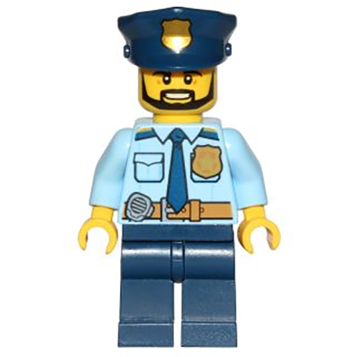 LEGO Minifigure Police - City Shirt with Dark Blue Tie and Gold Badge, Dark Tan Belt with Radio, Dark Blue Legs, Police Hat with Gold Badge, Head Beard Black Angular CTY0708