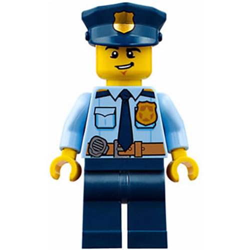 LEGO Minifigur Police - City Shirt with Dark Blue Tie and Gold Badge, Dark Tan Belt with Radio, Dark Blue Legs, Police Hat with Gold Badge, Lopsided Grin CTY0743