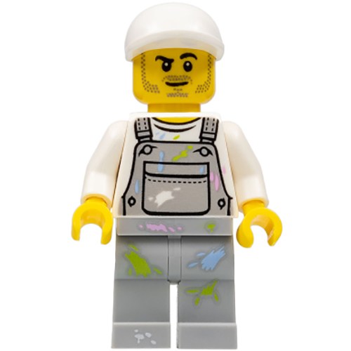 LEGO Minifigure Painter - Male, Light Bluish Gray Overalls with Paint Splotches, White Cap, Stubble CTY0897