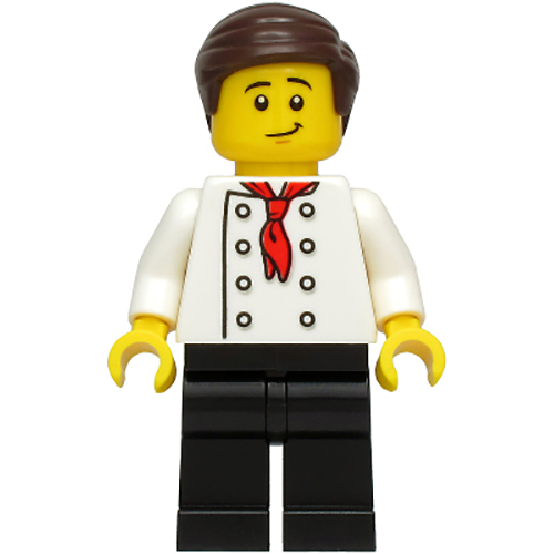 LEGO Minifigure Burger Chef - White Torso with 8 Buttons, No Wrinkles Front or Back, Black Legs, Dark Brown Hair CTY0964A