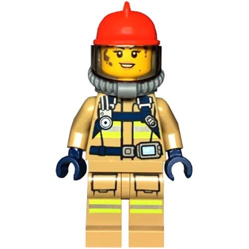 LEGO Minifigur Fire - Reflective Stripes, Dark Tan Suit, Red Fire Helmet, Open Mouth with Peach Lips and Dirty Face, Breathing Neck Gear with Blue Airtanks CTY0967