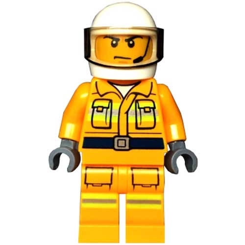 LEGO Minifigure Fire - Reflective Stripes, Bright Light Orange Suit, White Helmet, Scowl CTY0968