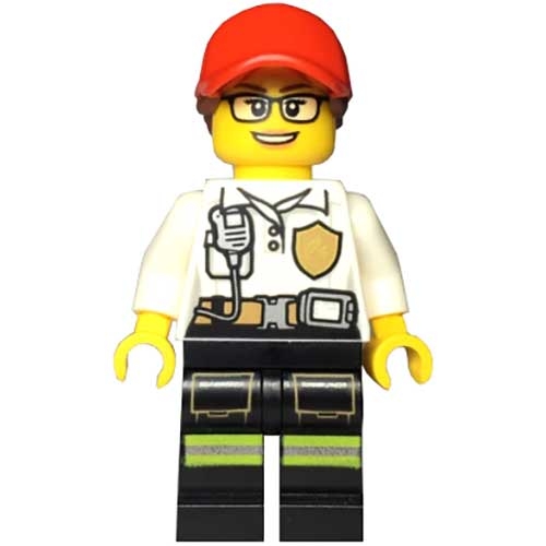 LEGO Minifigura Fire - Female White Shirt with Fire Logo Badge and Belt, Reflective Stripes on Black Legs, Red Cap with Ponytail CTY0970