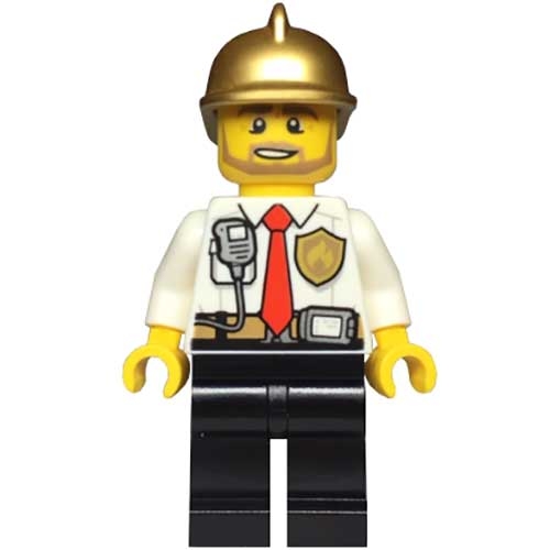 LEGO Minifigure Fire - White Shirt with Tie and Belt and Radio, Black Legs, Gold Fire Helmet CTY0973