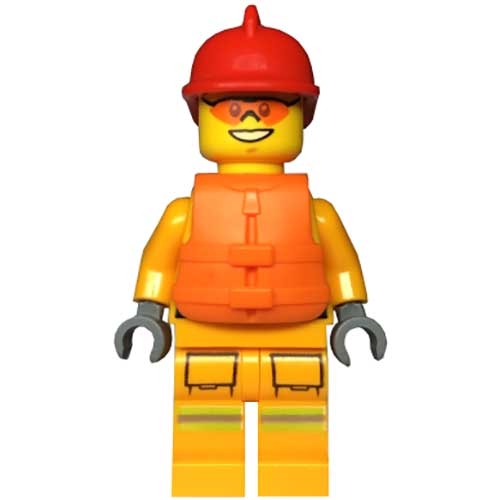 LEGO Minifigura Fire - Reflective Stripes, Bright Light Orange Suit, Life Jacket, Red Fire Helmet CTY0974