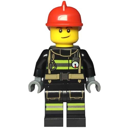 LEGO Minifigura Fire - Reflective Stripes with Utility Belt, Red Fire Helmet, Lopsided Smile CTY0975