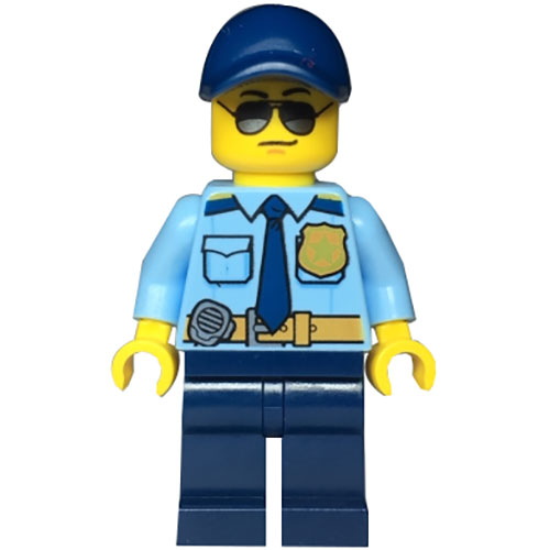 LEGO Minifigur Police - City Officer Shirt with Dark Blue Tie and Gold Badge, Dark Tan Belt with Radio, Dark Blue Legs, Dark Blue Cap, Sunglasses CTY0981