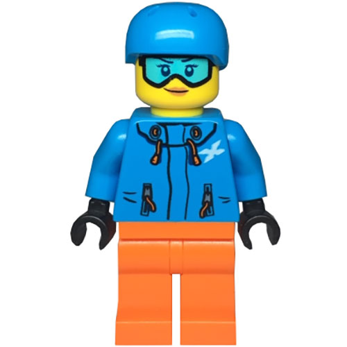 LEGO Minifigura Skier Female, Dark Azure Jacket and Helmet, Goggles with Peach Lips CTY0991