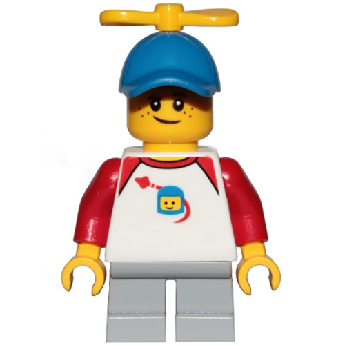 LEGO Minifigure Boy, Freckles, Classic Space Shirt with Red Sleeves, Light Bluish Gray Short Legs, Blue Cap with Tiny Yellow Propeller CTY1015