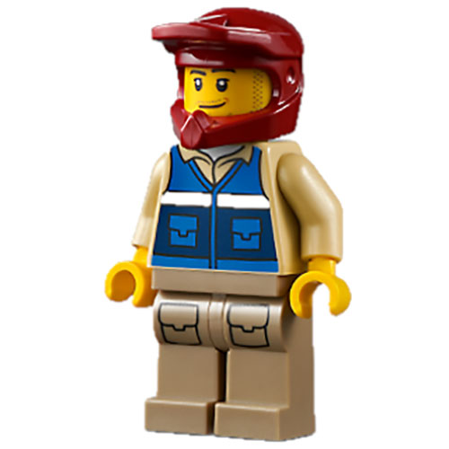 LEGO Minifigure Wildlife Rescue Explorer - Male, Blue Vest with `RESCUE` Pattern on Back, Dark Red Helmet, Dark Tan Legs with Pockets, Beard CTY1301