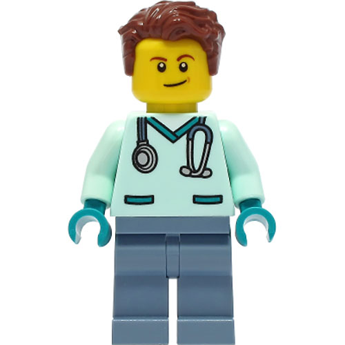 LEGO Minifigure Wildlife Rescue Veterinarian - Male, Light Aqua Scrubs, Sand Blue Legs, Reddish Brown Hair CTY1304