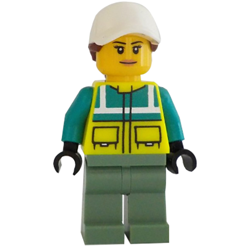 LEGO Minifigura Ambulance Driver - Female, Dark Turquoise and Neon Yellow Safety Vest, Sand Green Legs CTY1349