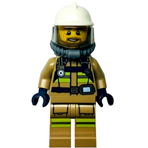 LEGO Minifigure Fire - Reflective Stripes, Dark Tan Suit, White Fire Helmet, Open Mouth with Beard, Breathing Neck Gear with Blue Airtanks CTY1359