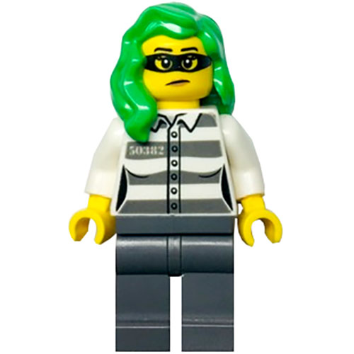 LEGO Minifigure Police - Jail Prisoner 50382 Prison Stripes, Female, Dark Bluish Gray Legs, Frown with Black Mask, Green Hair CTY1364