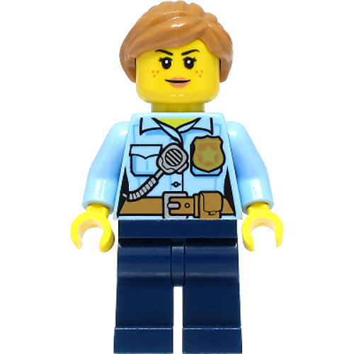 LEGO Minifigura Police - City Officer Female, Bright Light Blue Shirt with Badge and Radio, Dark Blue Legs, Medium Nougat Hair CTY1384